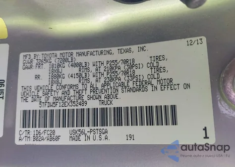 2014 Toyota Tundra Sr5 5.7L V8 z USA, uszkodzony, nr VIN 5TFDW5F12EX352489